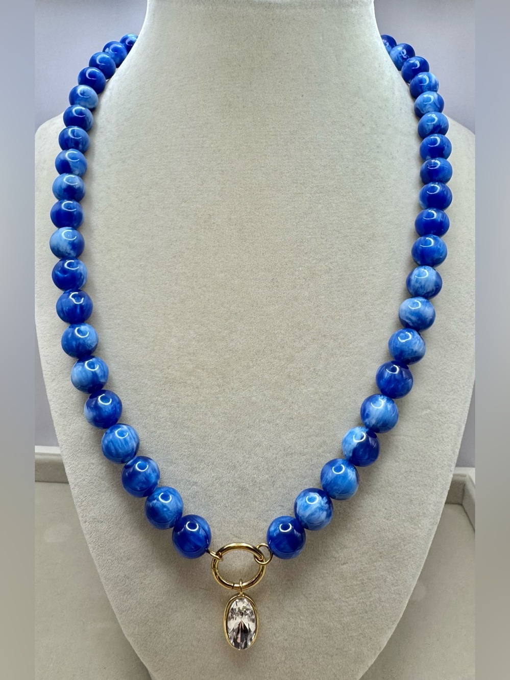 Blue Beaded Necklace with Gold Pendant